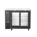 Migali Industries C-BB48SG-HC 48.75 Inch Back Bar Refrigerator - front view of the two sliding glass door cabinet with empty wire shelves and stainless top