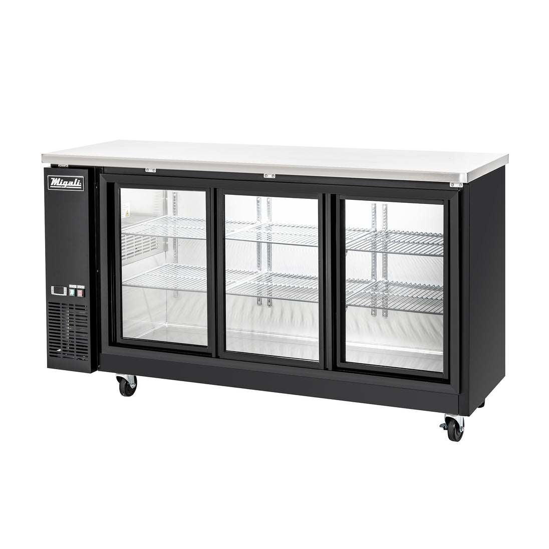 Migali Industries C-BB72SG-HC 72 Inch Back Bar Refrigerator - angled view of the three sliding glass door cabinet on casters with empty interior shelving