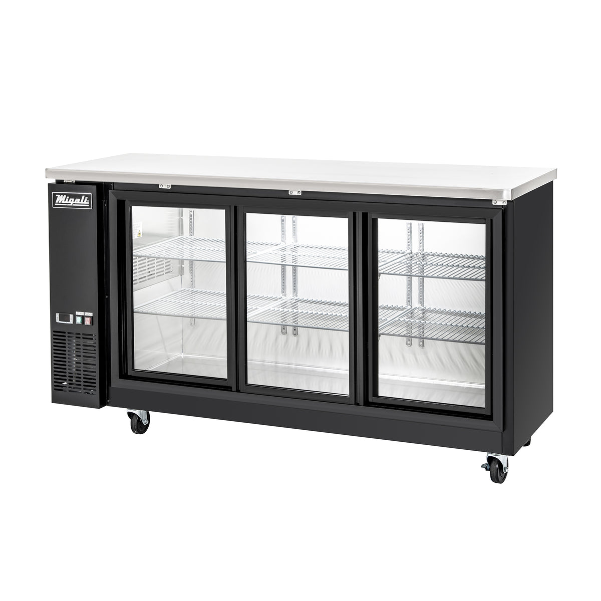 Migali Industries C-BB72SG-HC 72 Inch Back Bar Refrigerator - angled view of the three sliding glass door cabinet on casters with empty interior shelving