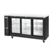 Migali Industries C-BB72SG-HC 72 Inch Back Bar Refrigerator - angled view of the three sliding glass door cabinet on casters with empty interior shelving