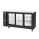 Migali Industries C-BB72SG-HC 72 Inch Back Bar Refrigerator - angled view of the three sliding glass door cabinet on casters with empty interior shelving