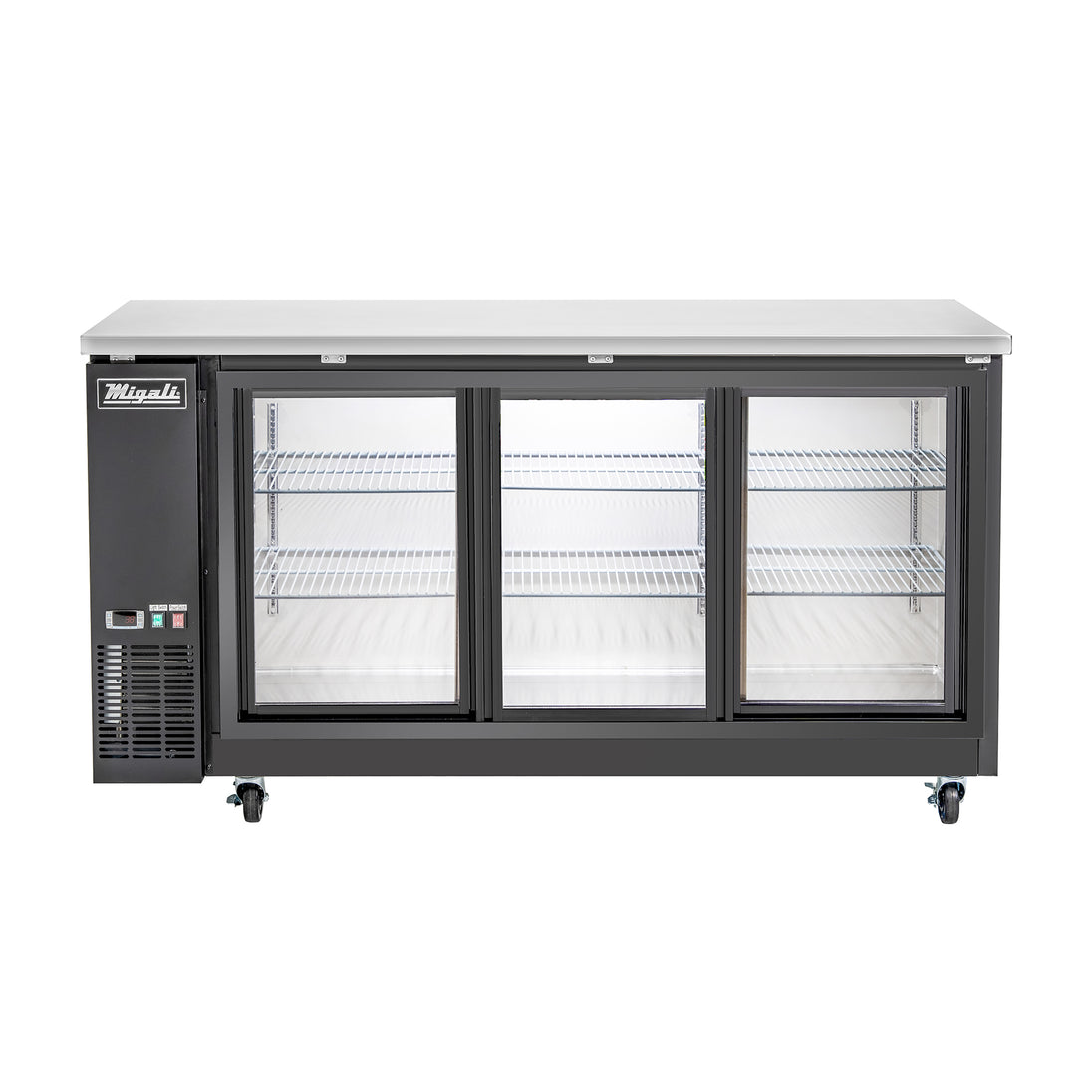 Migali Industries C-BB72SG-HC 72 Inch Back Bar Refrigerator - front view of the three sliding glass door cabinet with empty wire shelves and stainless top