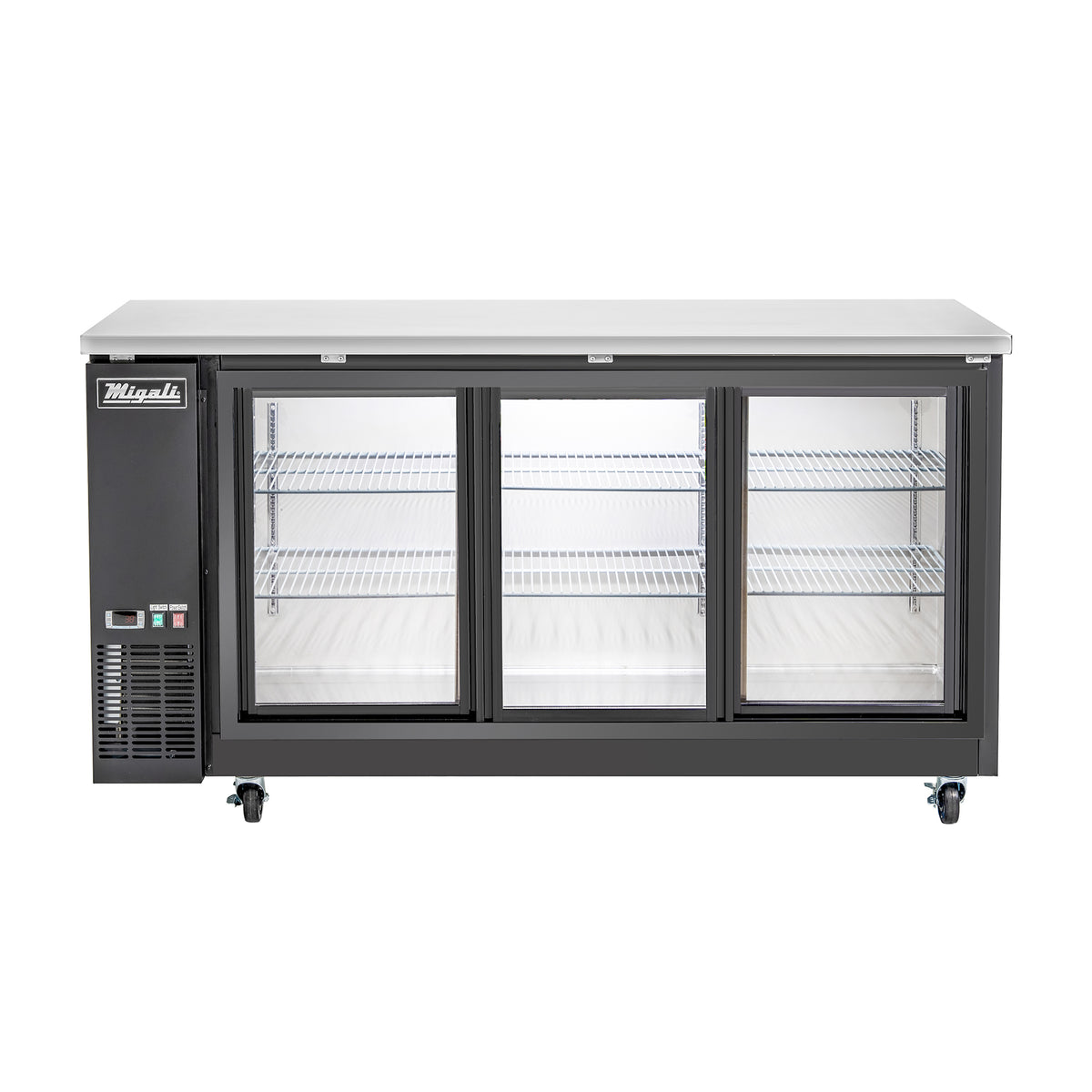Migali Industries C-BB72SG-HC 72 Inch Back Bar Refrigerator - front view of the three sliding glass door cabinet with empty wire shelves and stainless top