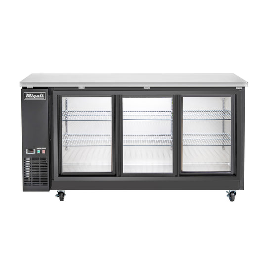 Migali Industries C-BB72SG-HC 72 Inch Back Bar Refrigerator - front view of the three sliding glass door cabinet with empty wire shelves and stainless top