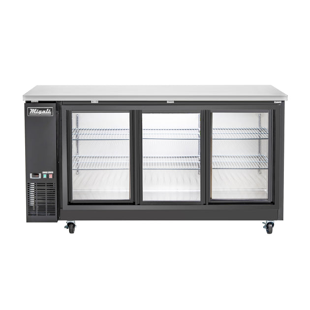 Migali Industries C-BB72SG-HC 72 Inch Back Bar Refrigerator - front view of the three sliding glass door cabinet with empty wire shelves and stainless top