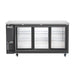 Migali Industries C-BB72SG-HC 72 Inch Back Bar Refrigerator - front view of the three sliding glass door cabinet with empty wire shelves and stainless top