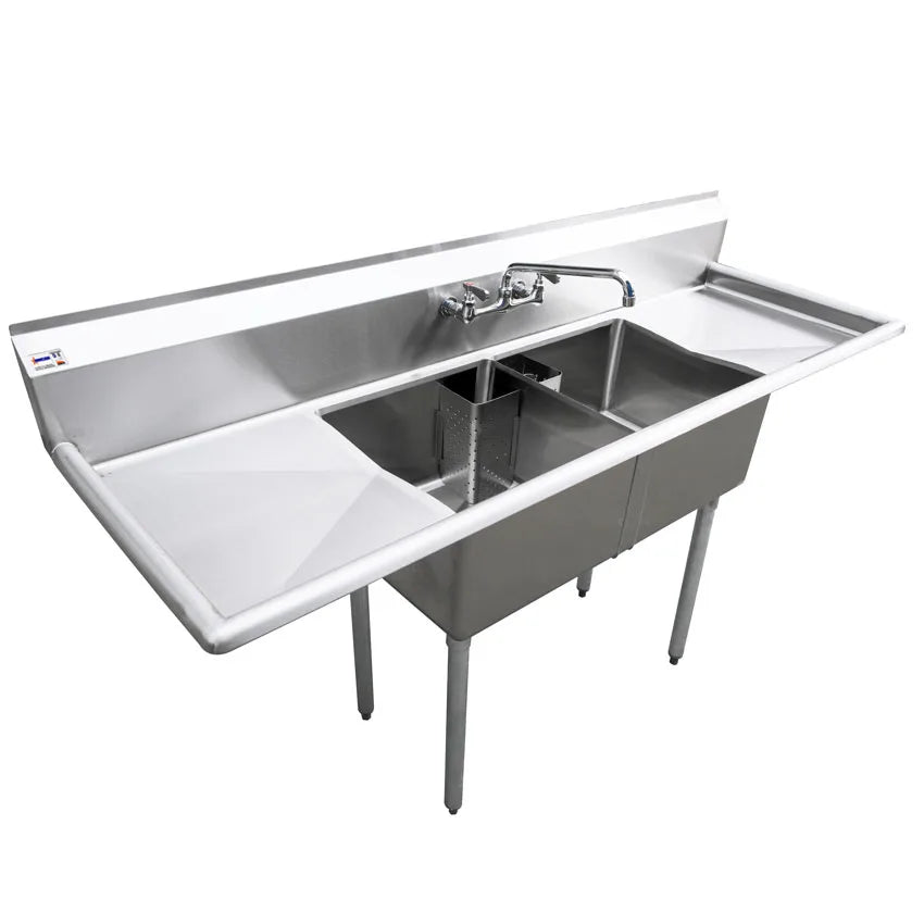 Omcan 25252 two compartment stainless steel sink with two drainboards
