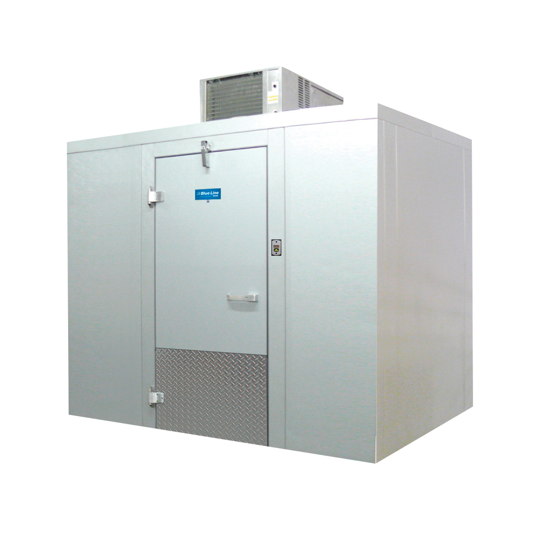Arctic Industries Blue Line walk-in cooler with rooftop condensing unit, self-closing door and LED thermometer