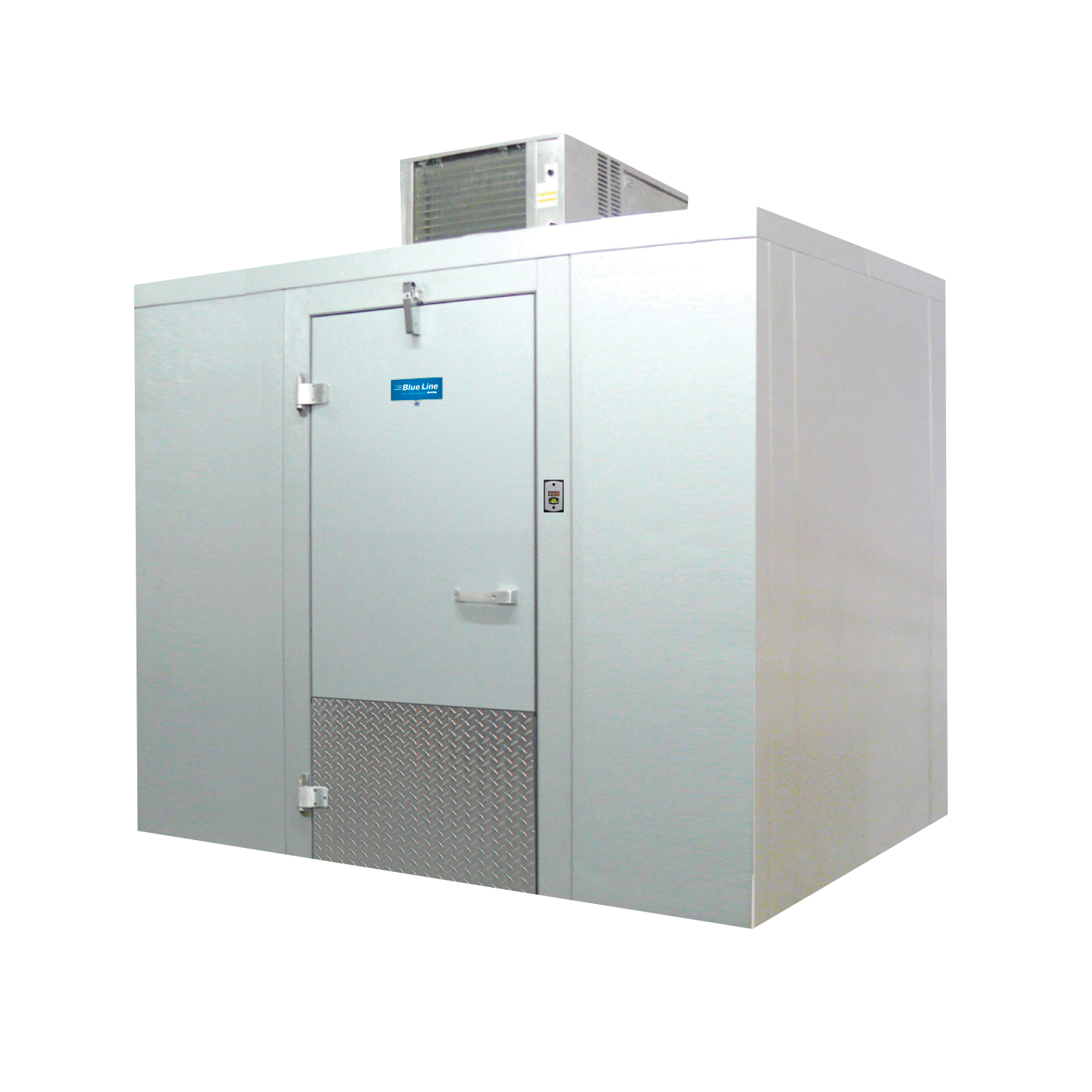 Arctic Industries Blue Line walk-in cooler with rooftop condensing unit, self-closing door and LED thermometer