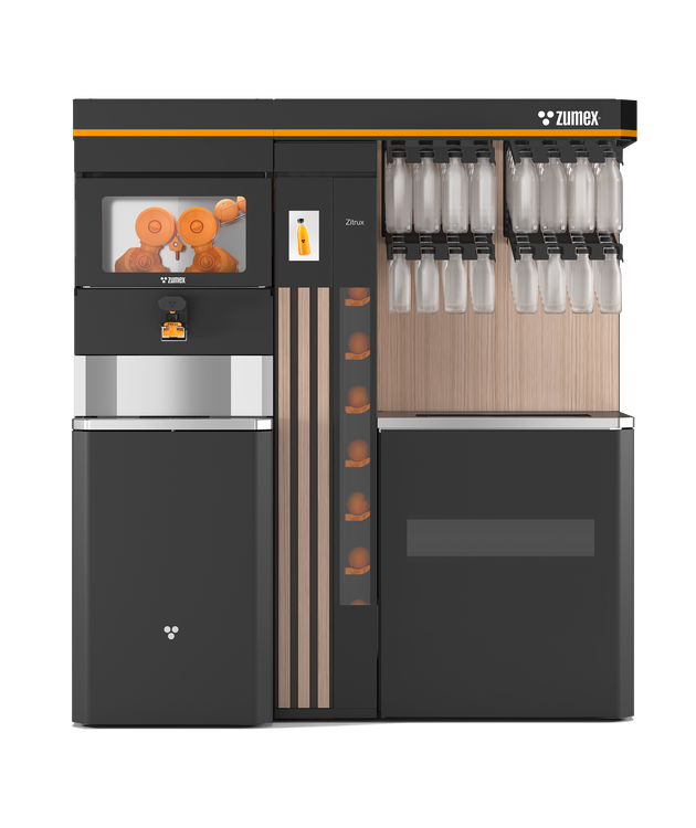 Zumex Zitrux self-sanitizing automatic orange juicer with oiled oak finish