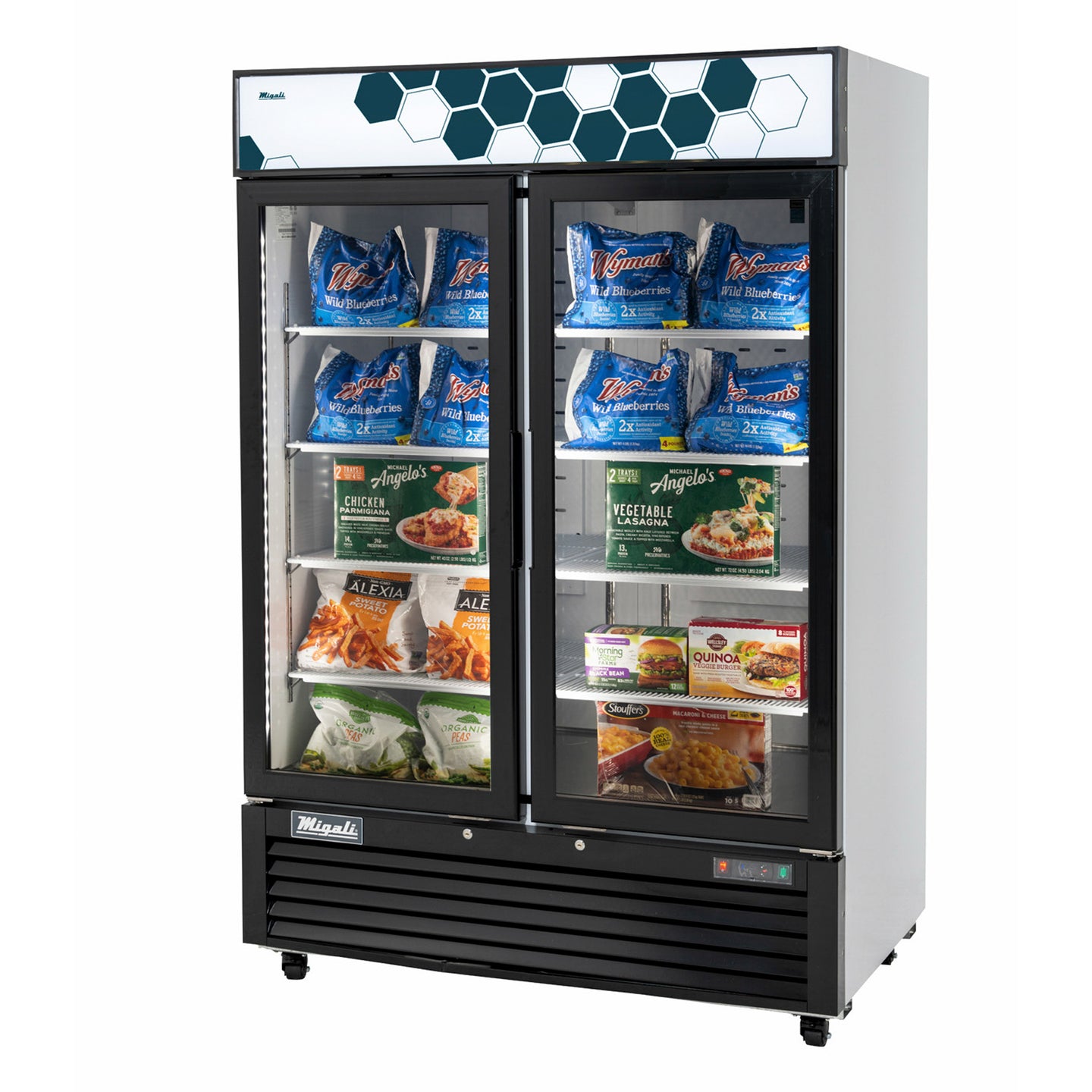 Migali Industries C-49FM-HC 54 Inch Two-Section Freezer Merchandiser - front view of the two glass door upright merchandiser stocked with frozen product and lit interior