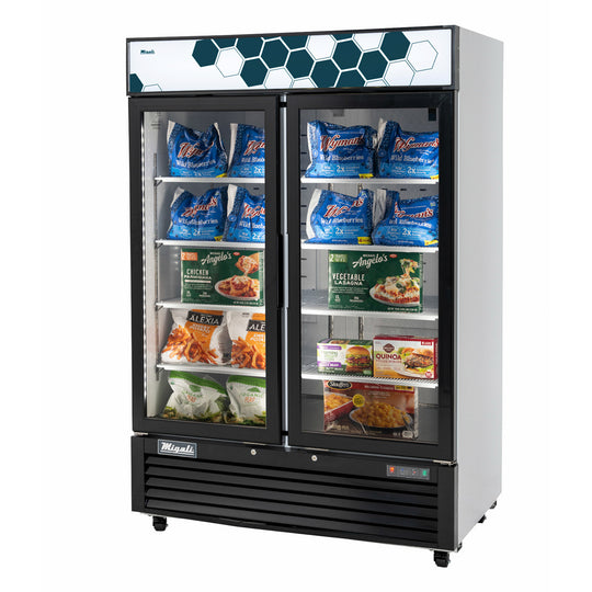 Migali Industries C-49FM-HC 54 Inch Two-Section Freezer Merchandiser - front view of the two glass door upright merchandiser stocked with frozen product and lit interior