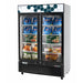Migali Industries C-49FM-HC 54 Inch Two-Section Freezer Merchandiser - front view of the two glass door upright merchandiser stocked with frozen product and lit interior
