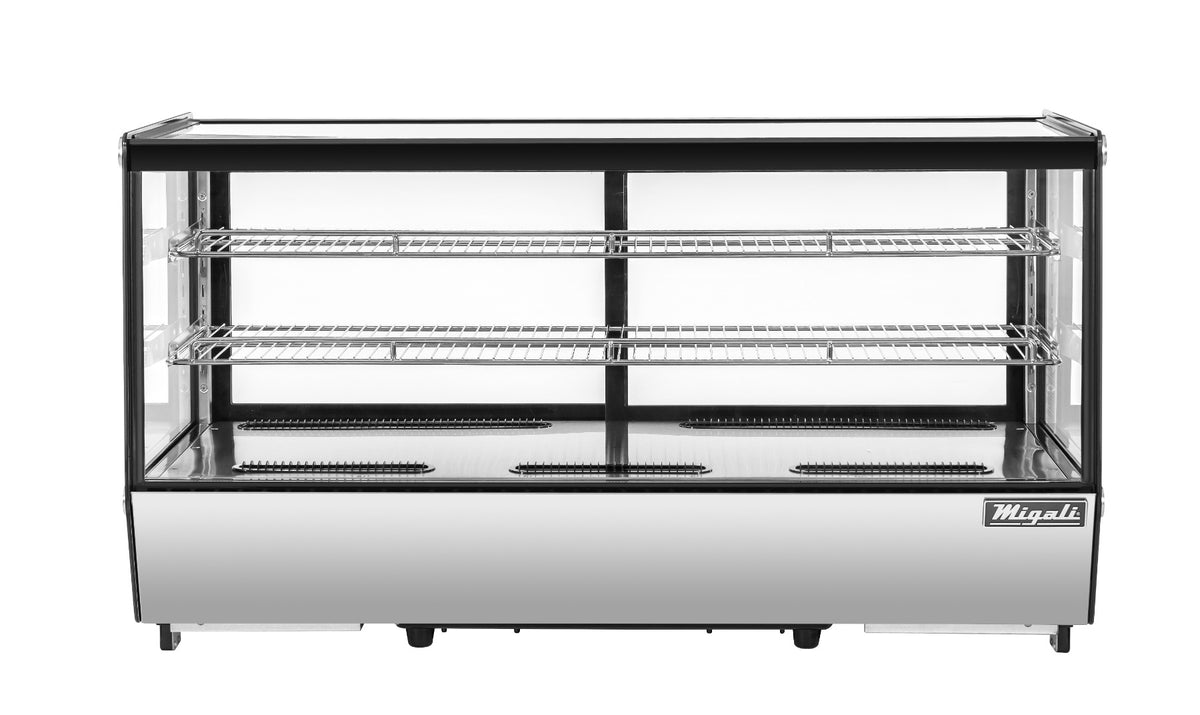 Migali Industries C-70CTS-48 48 Inch Refrigerated Countertop Display Case - front view of the square straight-glass case with two wire display shelves and stainless base
