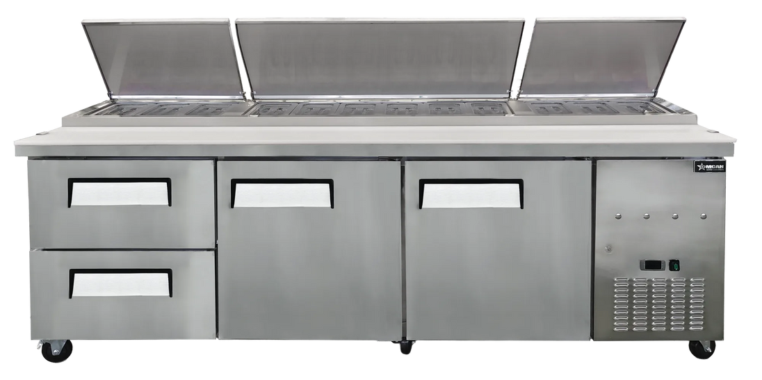 Omcan PT-CN-2400-2D 94 inch refrigerated pizza prep table with drawers