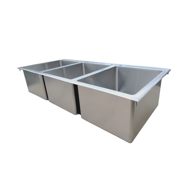 Omcan 44604 three compartment stainless steel drop in sink with flat top