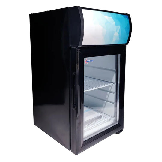 Omcan RS-CN-0021-B 13 inch black countertop display refrigerator with glass door and lightbox