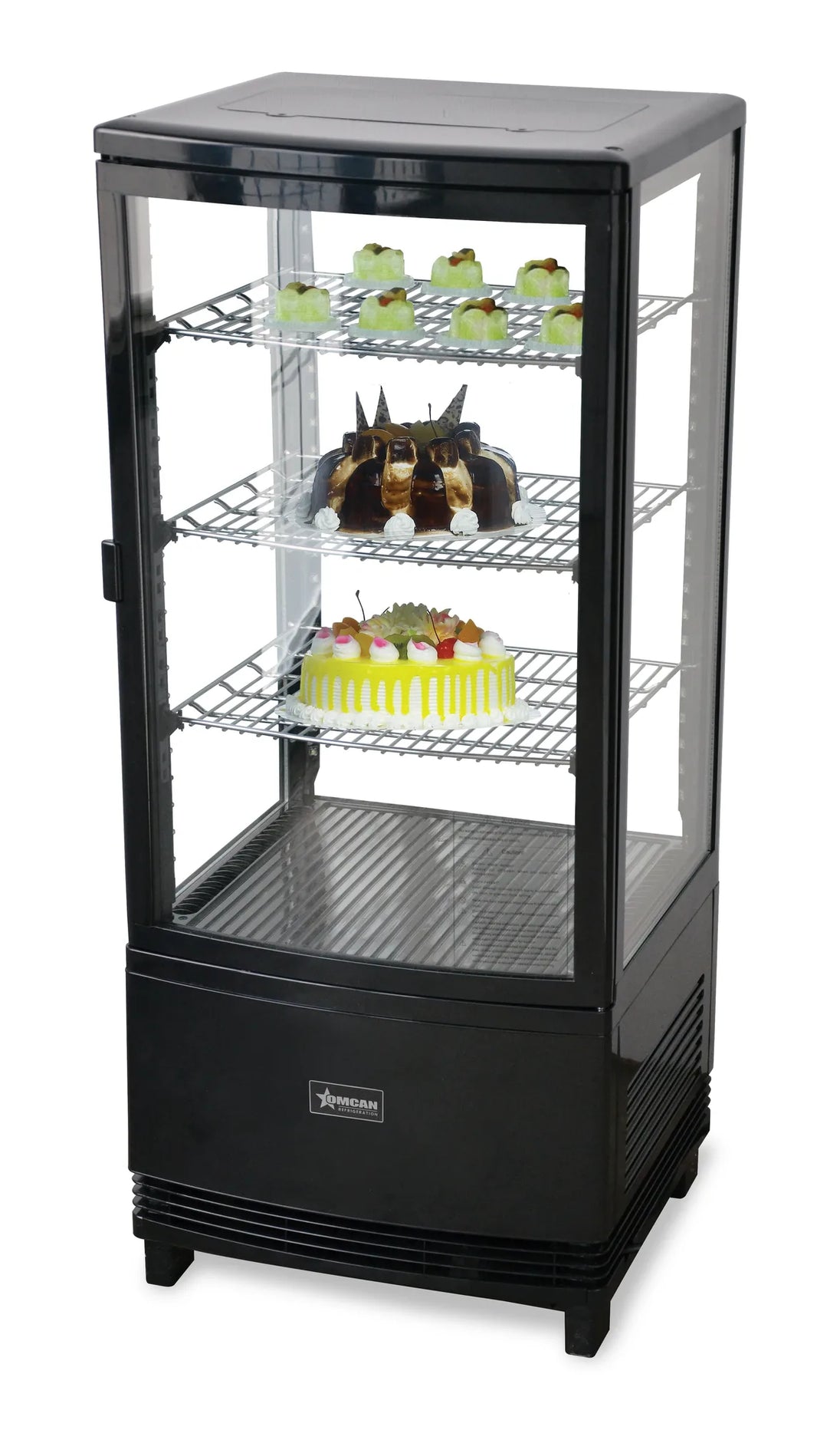 Omcan RS-CN-0078-S 17 inch black countertop refrigerated display case with three shelves