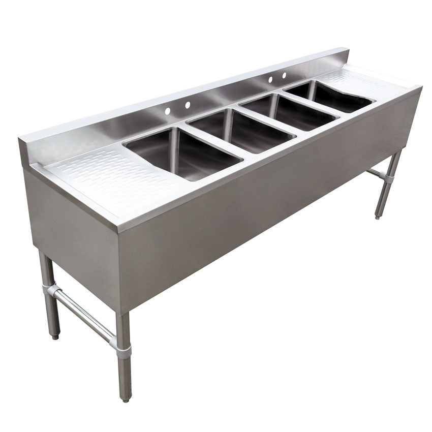 Omcan 44603 four compartment underbar sink with 13 inch left and right drainboards