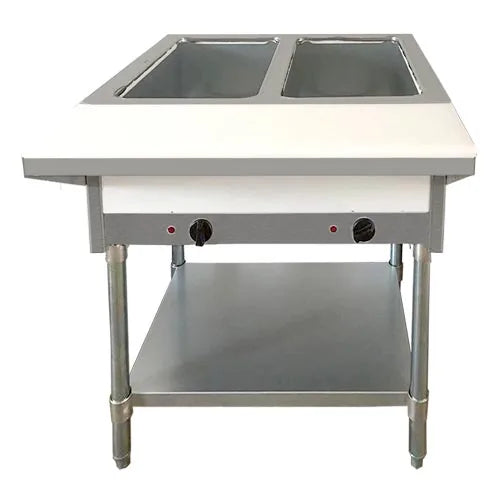 Omcan FW-CN-0002-NG two pan open well natural gas steam table with cutting board and undershelf