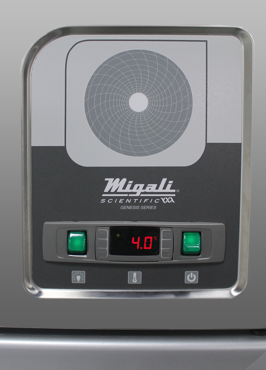 Migali Industries G-1RG-HC Medical-Grade Refrigerator 21.4 Cu. Ft. - Genesis Series control panel with circular chart recorder and digital display, close-up