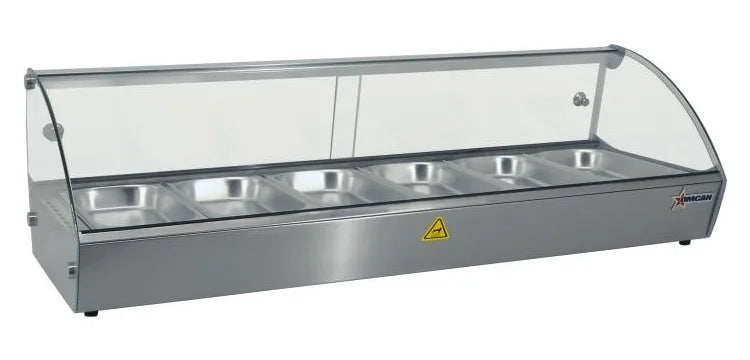 Omcan DW-CN-0006 44 inch curved glass countertop display warmer with six pans