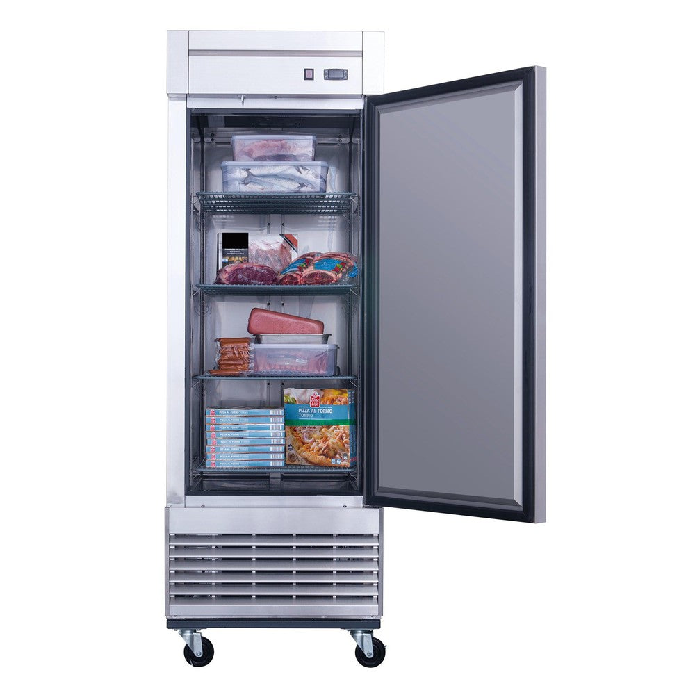 Dukers D28F reach-in freezer interior with four adjustable wire shelves
