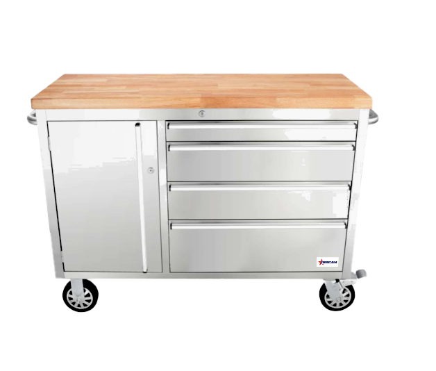 Omcan 48592 48 inch mobile working bench with 4 drawers and 1 door