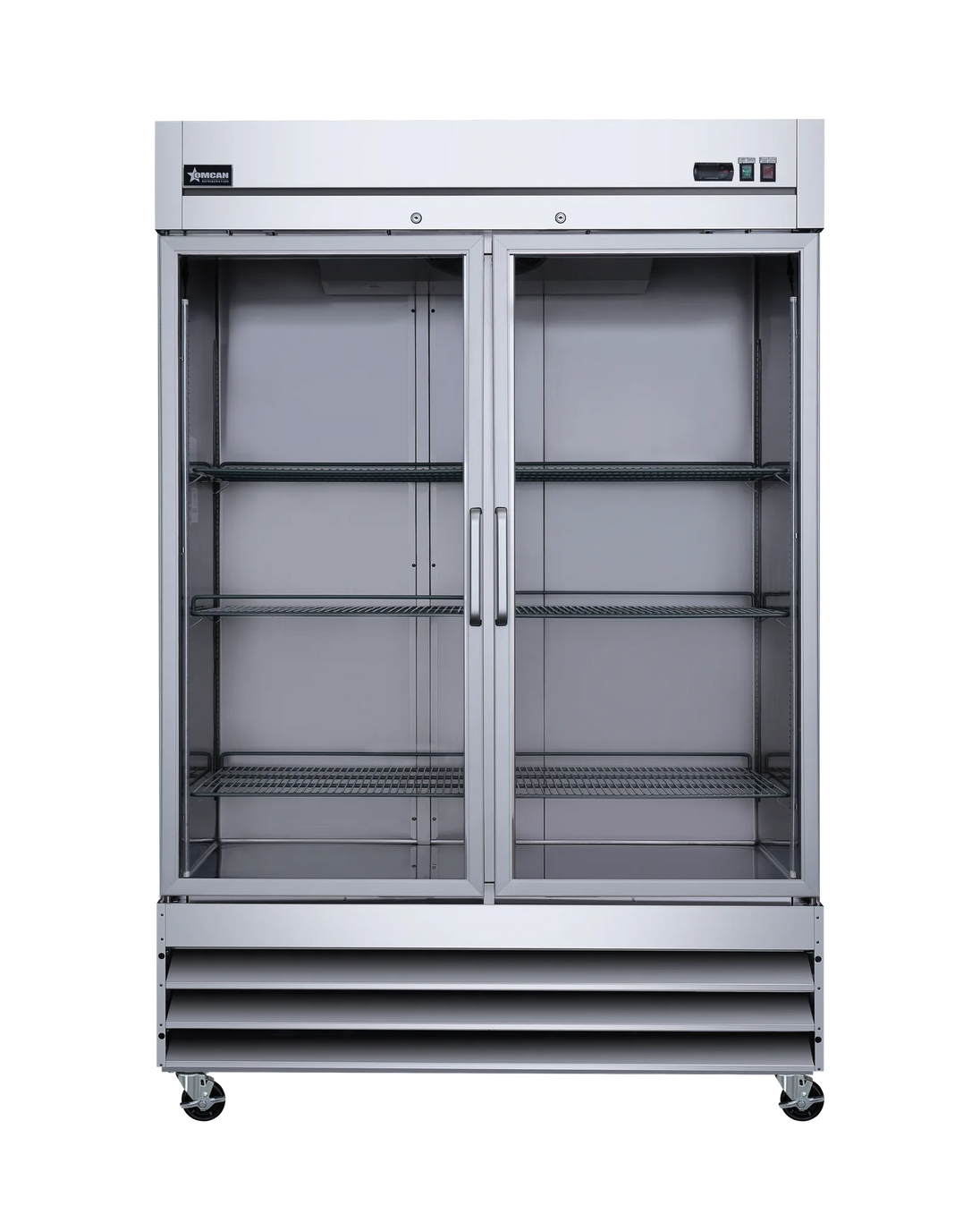 Omcan RE-CN-0041-G-HC glass door reach-in refrigerator angled view
