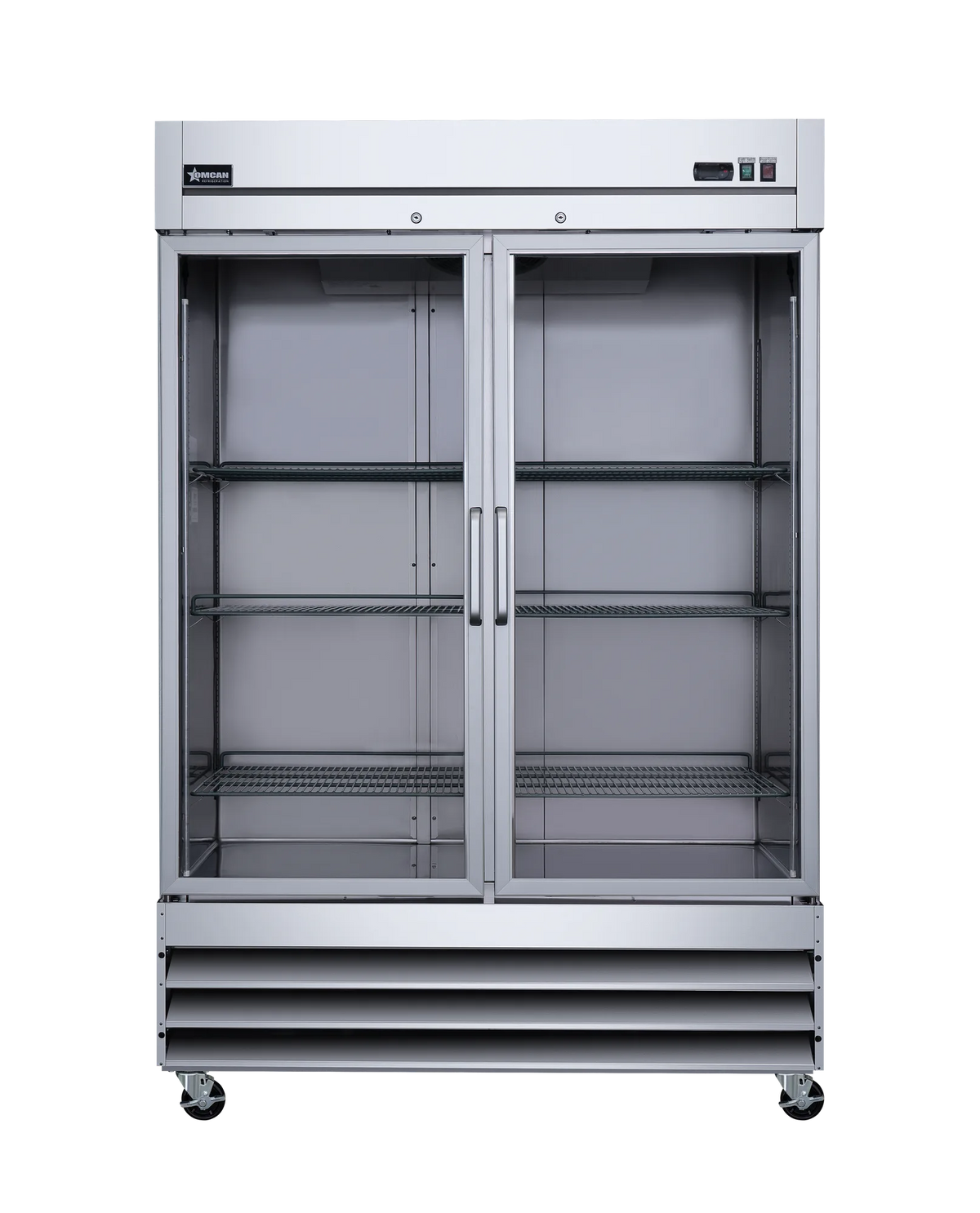 Omcan RE-CN-0041-G-HC glass door reach-in refrigerator angled view