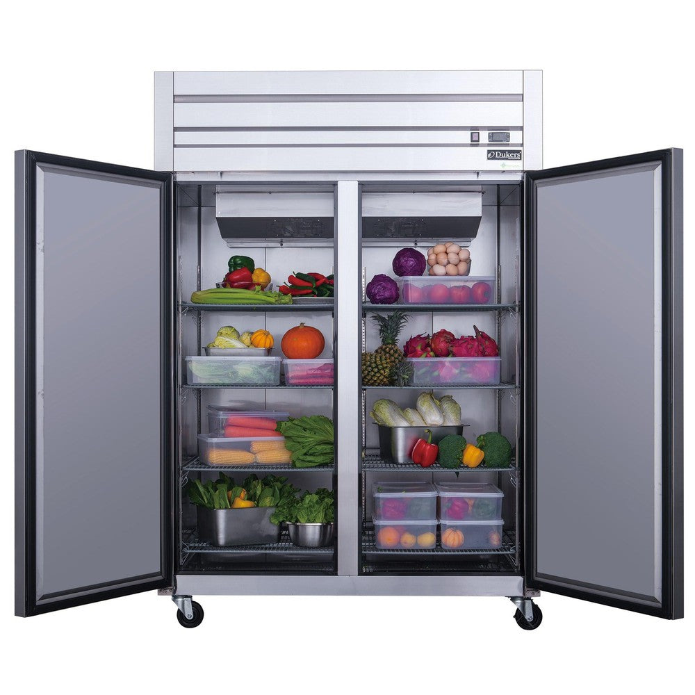Dukers D55AR two door reach-in refrigerator in a commercial kitchen