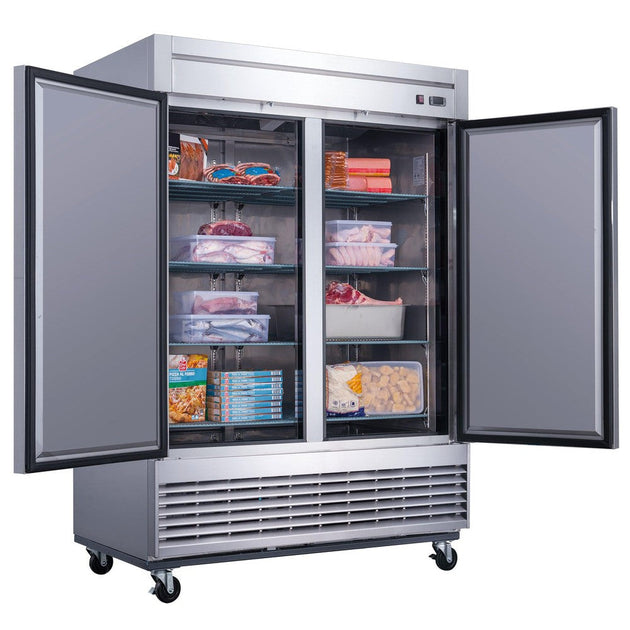 Dukers D55F two door reach-in freezer in a commercial kitchen