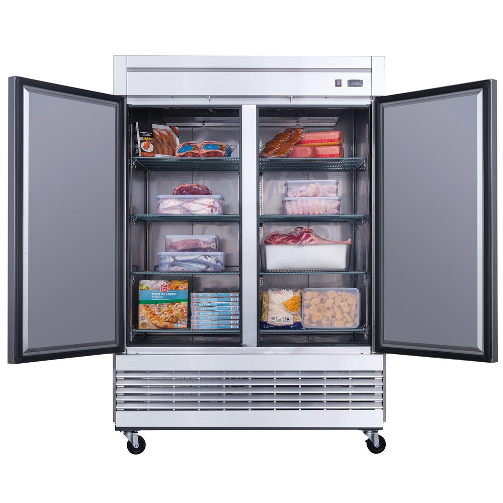 Dukers D55F reach-in freezer interior with eight adjustable wire shelves