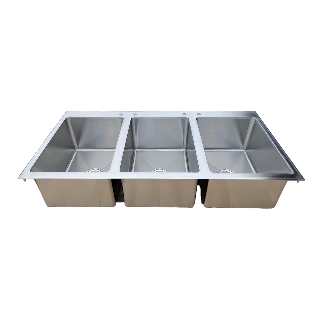 Omcan 44604 three compartment stainless steel drop in sink with flat top