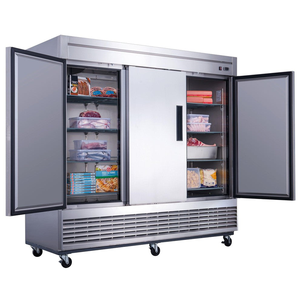 Dukers D83F three door reach-in freezer in a commercial kitchen