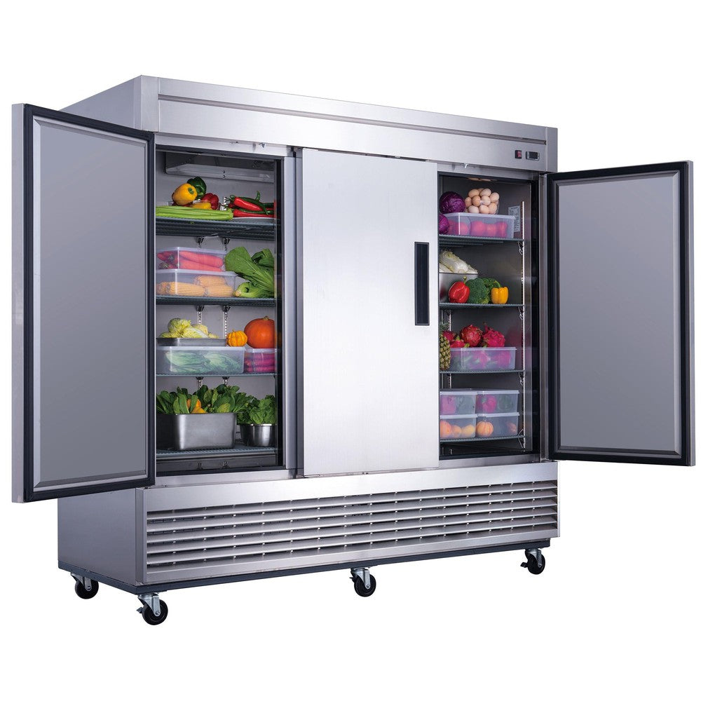 Dukers D83R three door reach-in refrigerator in a commercial kitchen