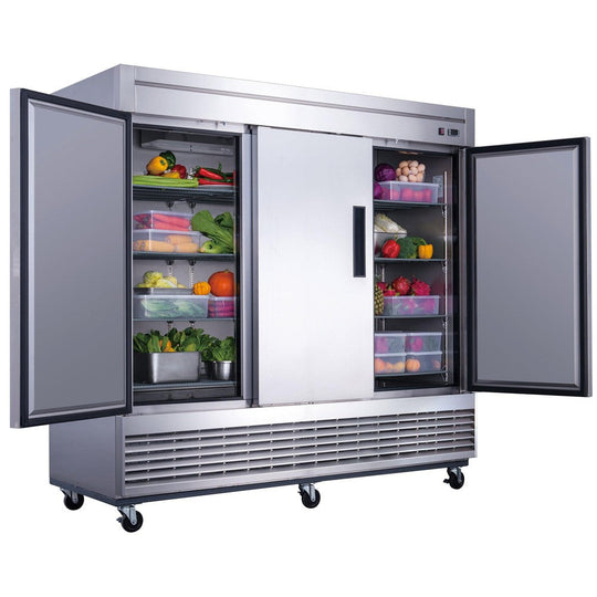 Dukers D83R three door reach-in refrigerator in a commercial kitchen