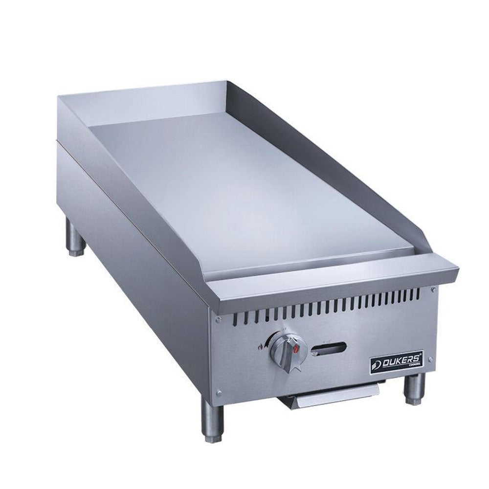 Dukers DCGM12 12 inch countertop manual gas griddle with single burner control and polished steel plate