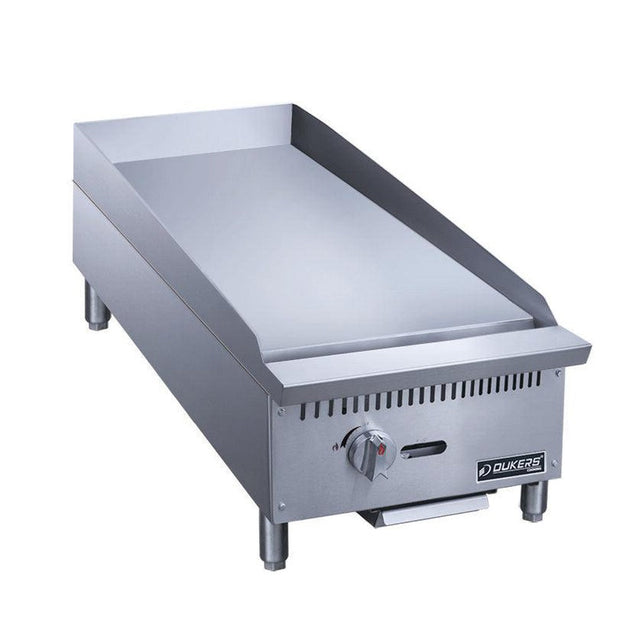 Dukers DCGM12 12 inch countertop manual gas griddle with single burner control and polished steel plate