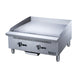 Dukers DCGMA24 gas griddle side profile showing deep cabinet and splash guard