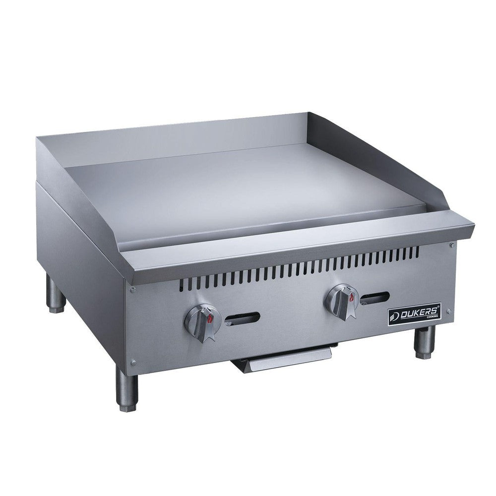Dukers DCGMA24 24 inch manual gas griddle front view with two burner controls