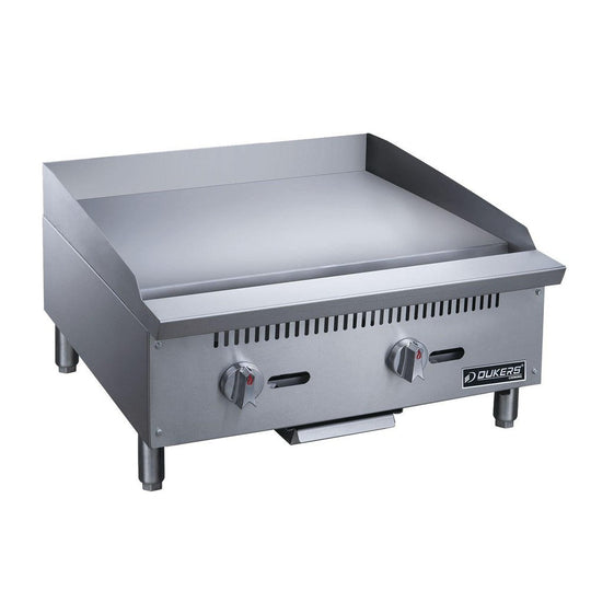 Dukers DCGMA24 24 inch manual gas griddle front view with two burner controls