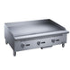 Dukers DCGMA36 36 inch manual gas griddle with three burner controls and 1 inch polished steel plate