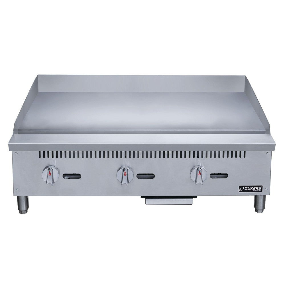Dukers DCGMA36 gas griddle front view showing control panel and grease drawer