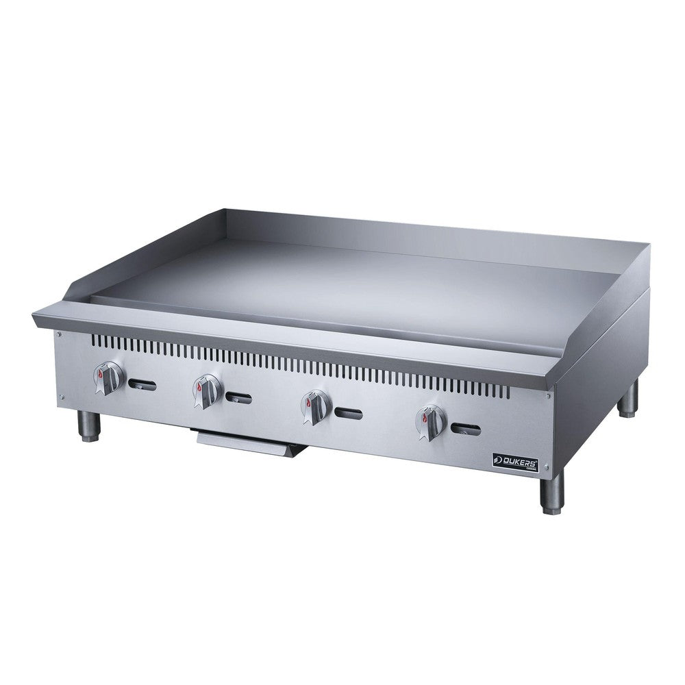 Dukers DCGMA48 gas griddle front view showing control panel and grease trough
