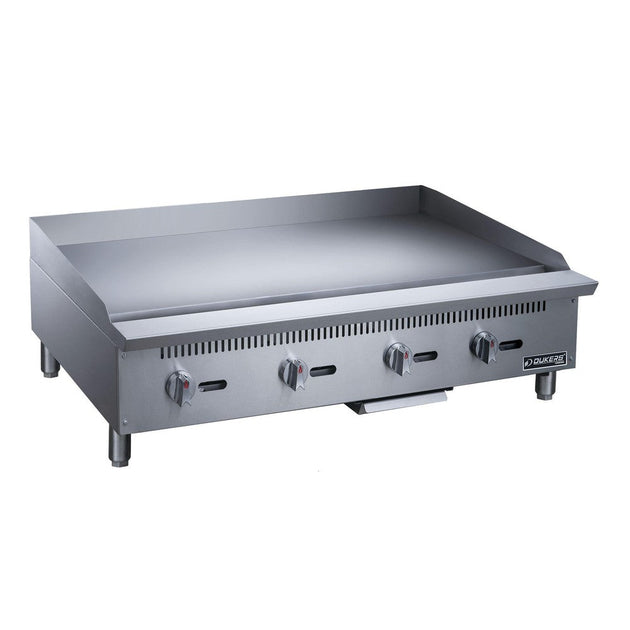 Dukers DCGMA48 48 inch manual gas griddle with four burner controls and 1 inch polished steel plate
