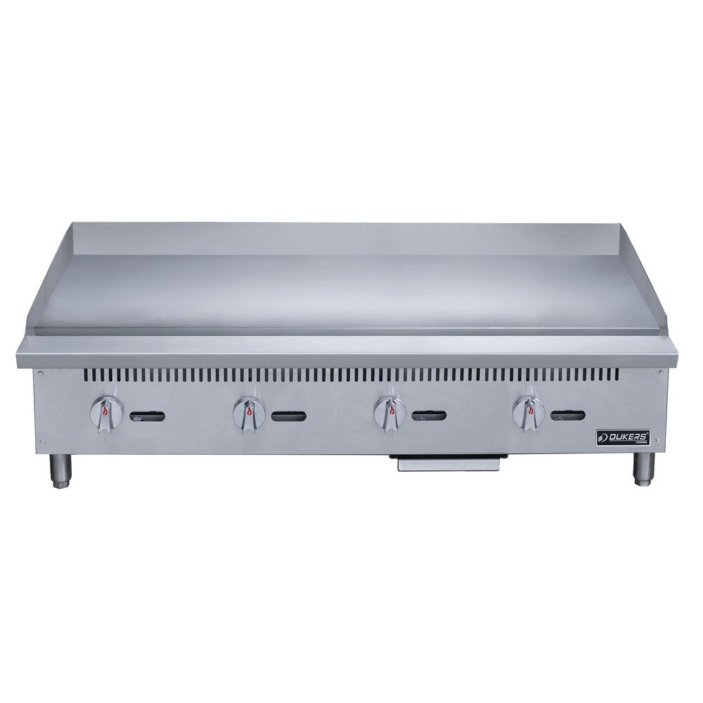 Dukers DCGMA48 gas griddle angled view showing full width deep cooking surface