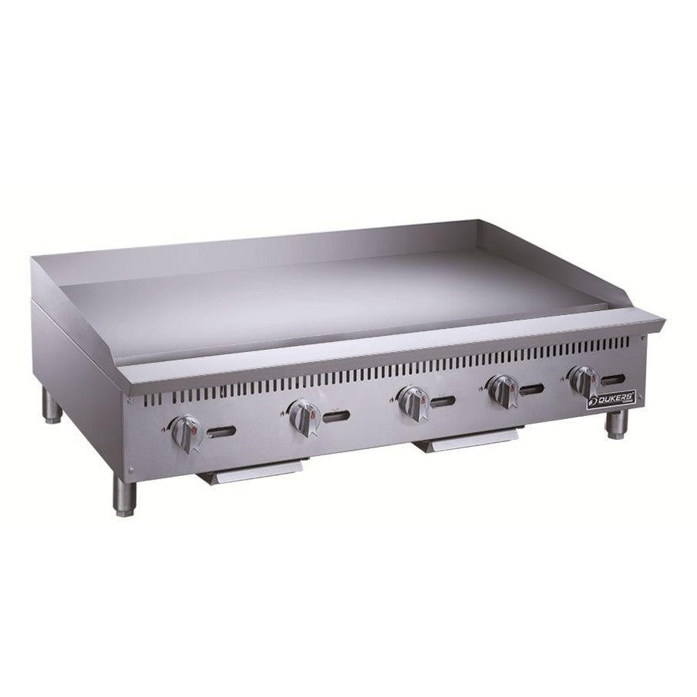 Dukers DCGMA60 60 inch manual gas griddle with five burner controls and 1 inch polished steel plate