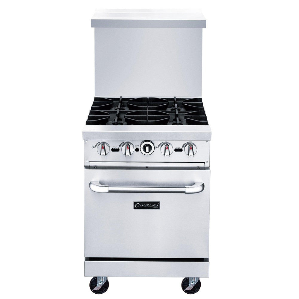 DCR24-4B front view showing cast iron grates, control knobs and oven door