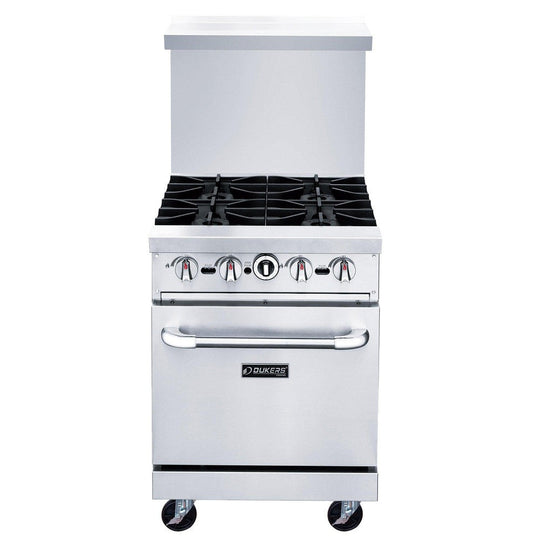 DCR24-4B front view showing cast iron grates, control knobs and oven door